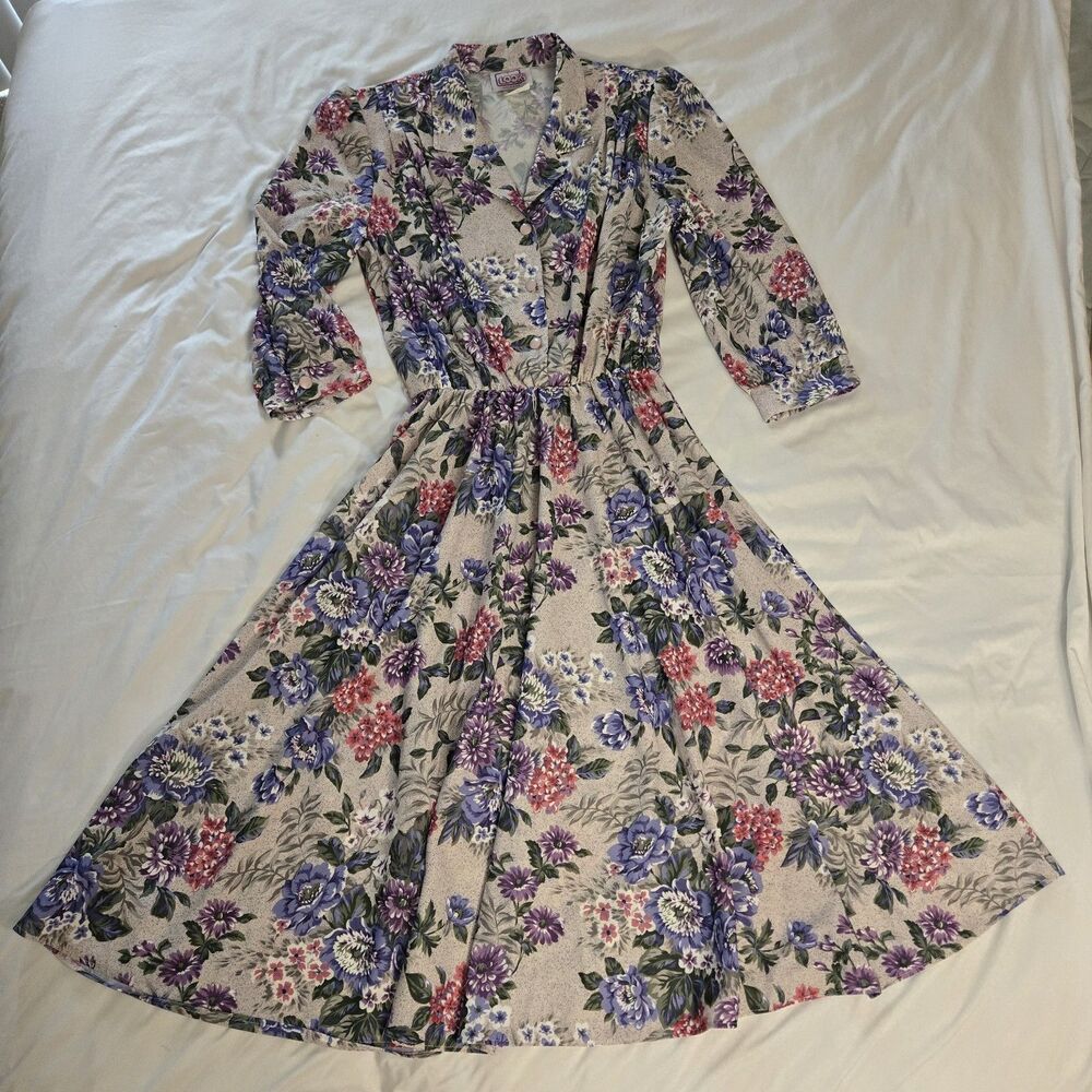 Vintage Authentic 80s California Looks Floral Middi Garden cottage Dress Sz 12